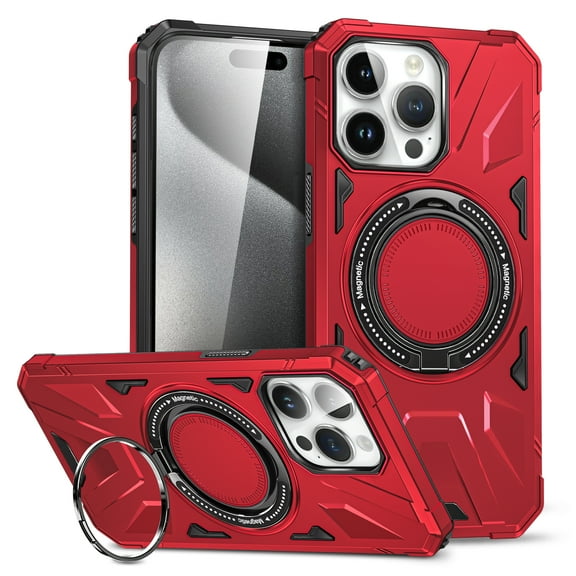 ELEHOLD for iPhone 11 Case Heavy Duty Rugged Cover with 360° Rotation Foldable Ring Kickstand Support Magnetic Car Mount MagSafe Charging Compatible Shockproof Protective Case,red