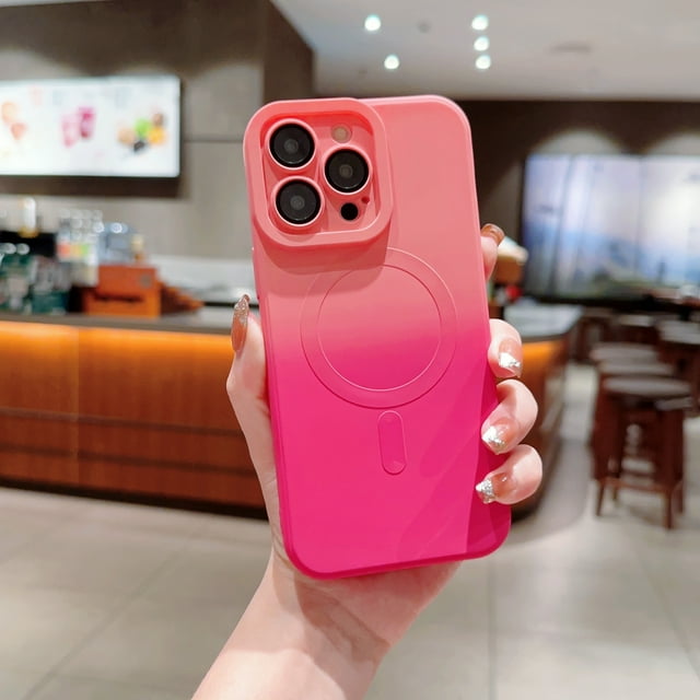 ELEHOLD for iPhone 11 Case Liquid Silicone Case with Camera Lens Protective Film Gradient Color Magnetic Compatible with MagSafe Charging Slim Shockproof Case,Pink+Rose