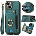 thumbnail image 1 of ELEHOLD for iPhone 11 Case with Ring Holder, iPhone 11 Wallet Case with RFID Blocking Card Holder Wristlet Strap, Magnetic Button Flip Folio Kickstand Shockproof Phone Cover,Green, 1 of 10