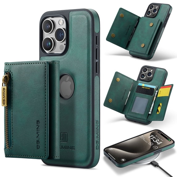ELEHOLD for iPhone 11 Detachable Wallet Case Premium PU Leather 2-in-1 Magnetic Removable Zipper Card Holders RFID Blocking Logo Hollow View Shockproof Protection Kickstand Case,green