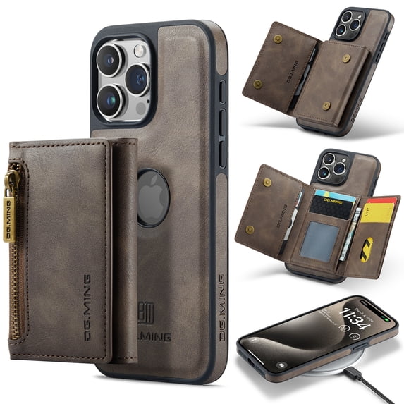ELEHOLD for iPhone 11 Detachable Wallet Case Premium PU Leather 2-in-1 Magnetic Removable Zipper Card Holders RFID Blocking Logo Hollow View Shockproof Protection Kickstand Case,coffee