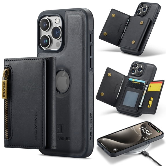 ELEHOLD for iPhone 11 Detachable Wallet Case Premium PU Leather 2-in-1 Magnetic Removable Zipper Card Holders RFID Blocking Logo Hollow View Shockproof Protection Kickstand Case,black
