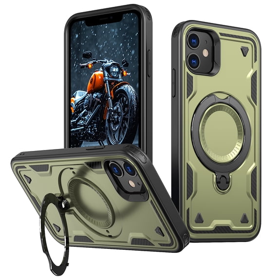 ELEHOLD For iPhone 11 Ergonomic Design Military Grade Shockproof Protective Case Magnetic Ring Stand Rugged Cover, Non-Slip, Support Wireless Charging, Olivegreen