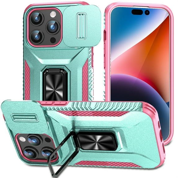 ELEHOLD for iPhone 11 Heavy Duty Case Shockproof Anti-Scratch with Built-in Magnetic Rotation Ring Holder Stand Case,Rugged Non-Slip Slide Lens Protector Hard Case Cover, green