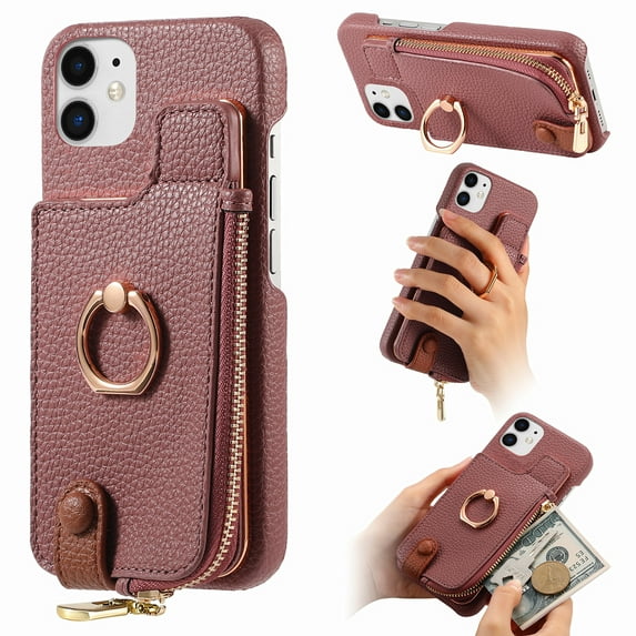 ELEHOLD for iPhone 11 Luxury Leather Wallet Case with Back Flip Card Slots RFID Blocking Zipper Cash Pocket Stand Function Ring Holder Support Magnetic Car Mount Shockproof Case,purple
