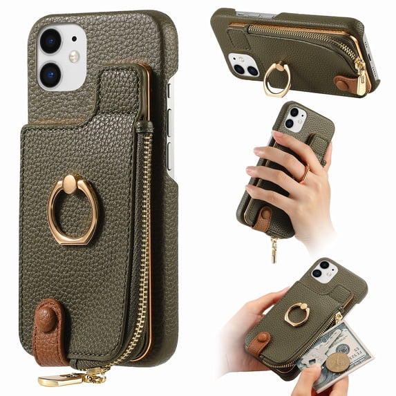 ELEHOLD for iPhone 11 Luxury Leather Wallet Case with Back Flip Card Slots RFID Blocking Zipper Cash Pocket Stand Function Ring Holder Support Magnetic Car Mount Shockproof Case,armygreen