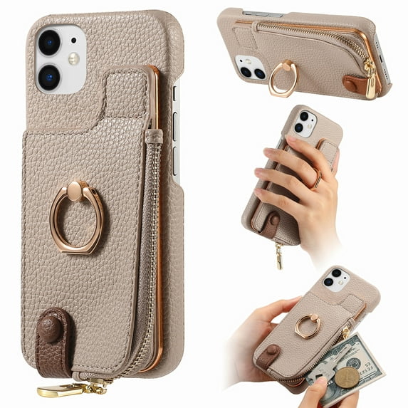 ELEHOLD for iPhone 11 Luxury Leather Wallet Case with Back Flip Card Slots RFID Blocking Zipper Cash Pocket Stand Function Ring Holder Support Magnetic Car Mount Shockproof Case,khaki