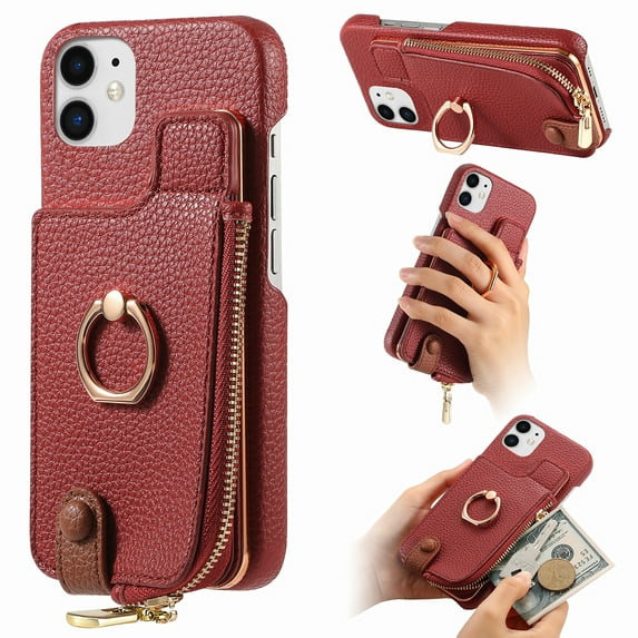 ELEHOLD for iPhone 11 Luxury Leather Wallet Case with Back Flip Card Slots RFID Blocking Zipper Cash Pocket Stand Function Ring Holder Support Magnetic Car Mount Shockproof Case,red