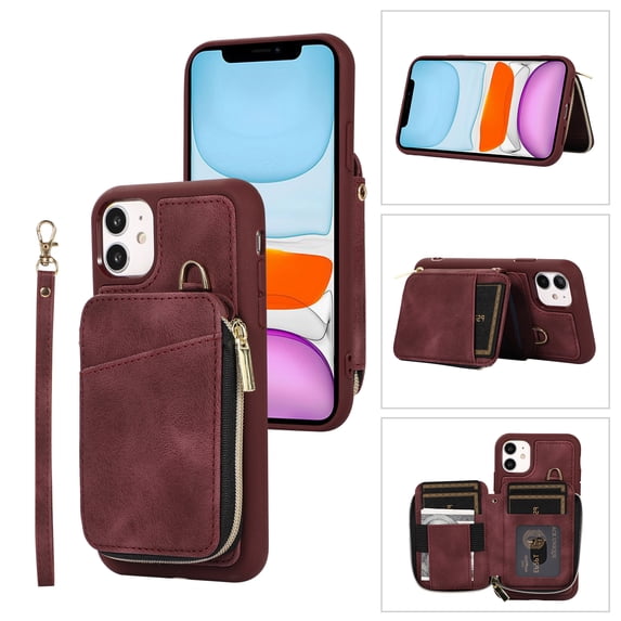 ELEHOLD for iPhone 11,Luxury Zipper Wallet Case with Card Slots Zipper Pocket Kickstand Function Wriststrap Crossbody Shoulder Strap Shockproof Purse Case,winered