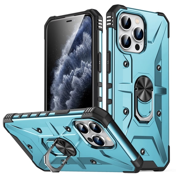 ELEHOLD for iPhone 11 Pro Armor Case, Military Grade Hard PC Magnetic Built-in Car Mount 360° Rotatable Metal Ring Holder Kickstand Shockproof Multi-Functional Rugged Case, Lightblue
