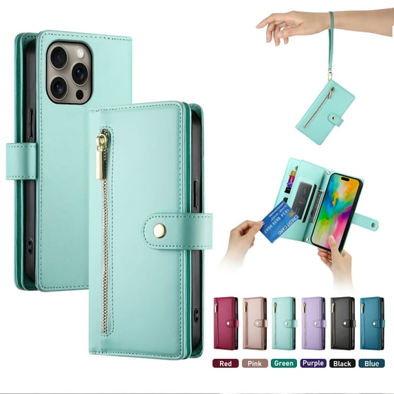 ELEHOLD for iPhone 11 Pro Flip Case, Wallet Zipper Magnetic Buckle Kickstand Wrist Strap Multifunctional Card Slots Wallet Business Case with Crossbody and Wrist Strap,Mint