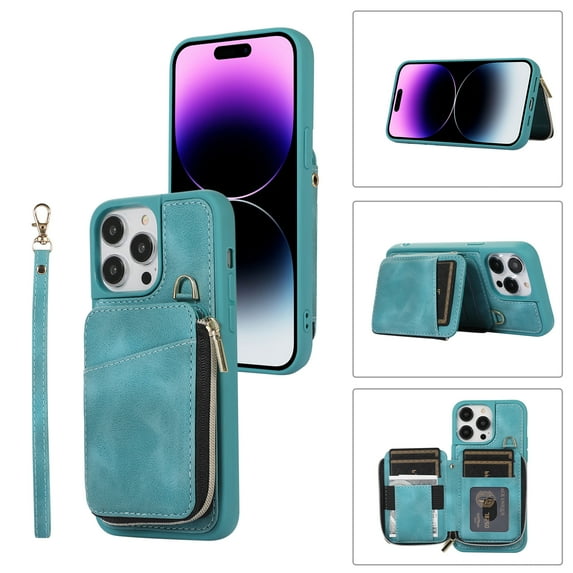 ELEHOLD for iPhone 11 Pro,Luxury Zipper Wallet Case with Card Slots Zipper Pocket Kickstand Function Wriststrap Crossbody Shoulder Strap Shockproof Purse Case,green