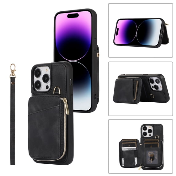 ELEHOLD for iPhone 11 Pro,Luxury Zipper Wallet Case with Card Slots Zipper Pocket Kickstand Function Wriststrap Crossbody Shoulder Strap Shockproof Purse Case,black