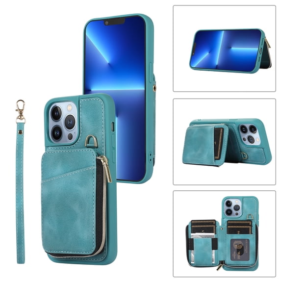 ELEHOLD for iPhone 11 Pro Max 6.5 inch Luxury Zipper Wallet Case with Card Slots Zipper Pocket Kickstand Function Wriststrap Crossbody Shoulder Strap Shockproof Purse Case,Green