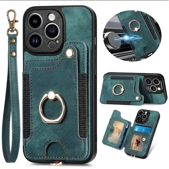 ELEHOLD for iPhone 11 Pro Max Case with Ring Holder, iPhone 11 Pro Max Wallet Case with RFID Blocking Card Holder Wristlet Strap, Magnetic Button Flip Folio Kickstand Shockproof Phone Cover,Green