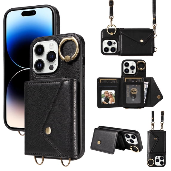 ELEHOLD for iPhone 11 Pro Max Crossbody Wallet Case with Card Slots Pockets Magnetic Button Rotating Ring Holder Stand Shoulder Strap Case for Women Girls for iPhone 11 Pro Max,black