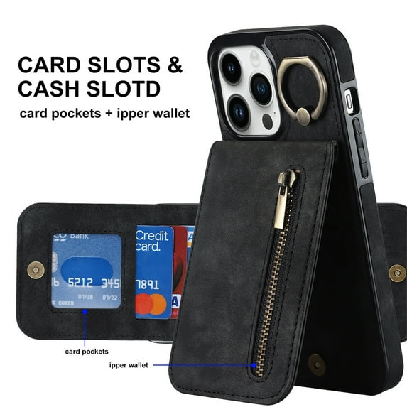 ELEHOLD For iPhone 11 Pro Max, Wallet Case with Card Slot Holder,RFID Blocking,Built-in 360°Rotating Ring Kickstand Zipper Retro Purse Shockproof Case Cover, black