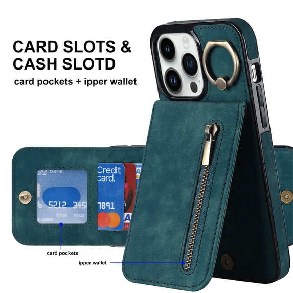 ELEHOLD For iPhone 11 Pro Max, Wallet Case with Card Slot Holder,RFID Blocking,Built-in 360°Rotating Ring Kickstand Zipper Retro Purse Shockproof Case Cover, blue