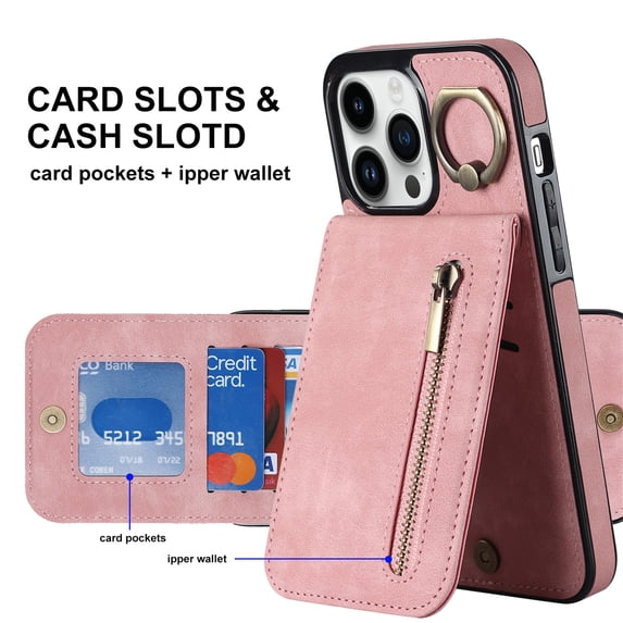 ELEHOLD For iPhone 11 Pro Max, Wallet Case with Card Slot Holder,RFID Blocking,Built-in 360°Rotating Ring Kickstand Zipper Retro Purse Shockproof Case Cover, pink