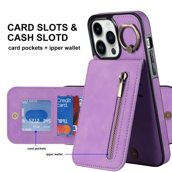 ELEHOLD For iPhone 11 Pro Max, Wallet Case with Card Slot Holder,RFID Blocking,Built-in 360°Rotating Ring Kickstand Zipper Retro Purse Shockproof Case Cover, purple