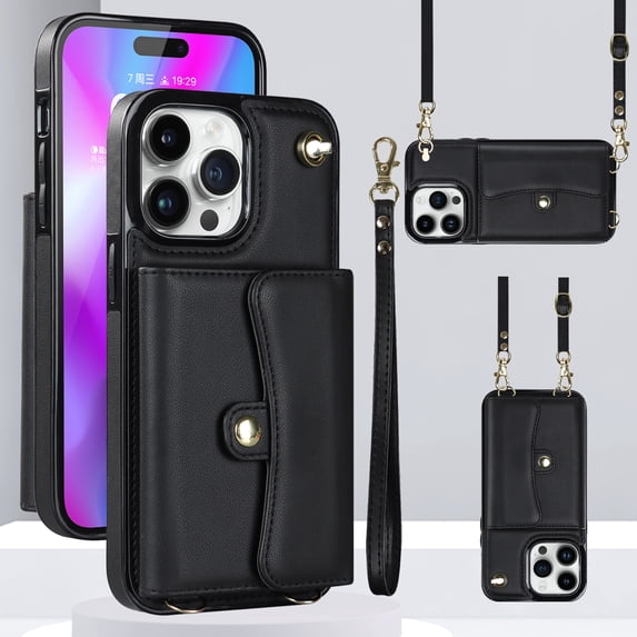 ELEHOLD for iPhone 11 Pro Multi-Functional Wallet Case Organ Card Slots RFID Blocking Stand Function Wrist Strap Crossbody Shoulder Strap Shockproof Purse Case,black