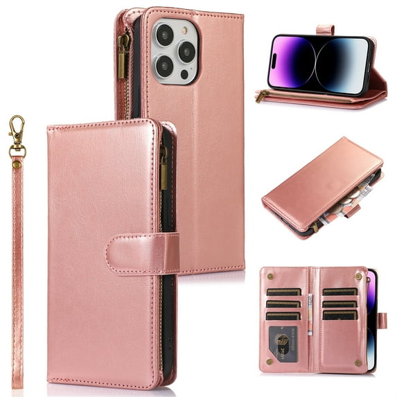 ELEHOLD for iPhone 11 Pro Wallet Case with 9 Card Holders Zipper Pocket Kickstand Soft PU Leather Flip Shockproof Protective Cover with Wrist Strap Business Style for Women Men,rosegold
