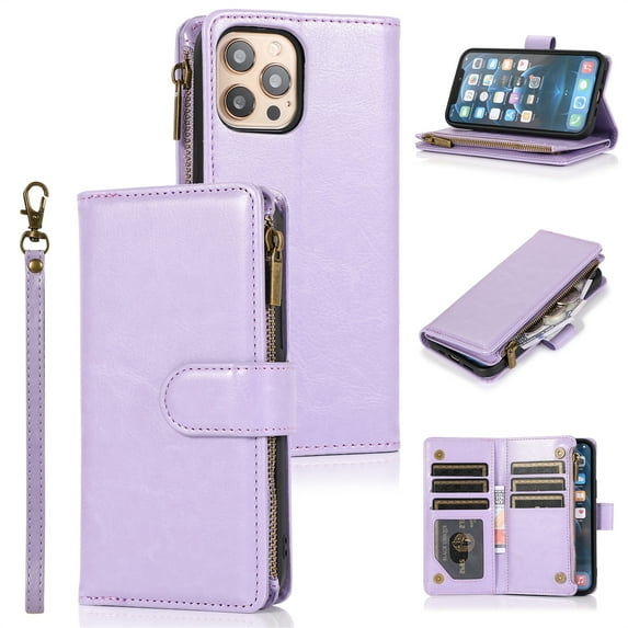 ELEHOLD for iPhone 11 Pro Wallet Case with 9 Card Holders Zipper Pocket Kickstand Soft PU Leather Flip Shockproof Protective Cover with Wrist Strap Business Style for Women Men,lavender