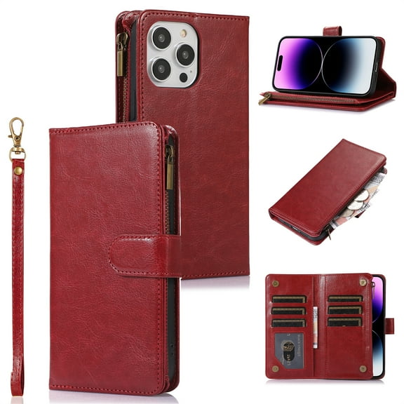 ELEHOLD for iPhone 11 Wallet Case with 9 Card Holders Zipper Pocket Kickstand Soft PU Leather Flip Shockproof Protective Cover with Wrist Strap Business Style for Women Men,red