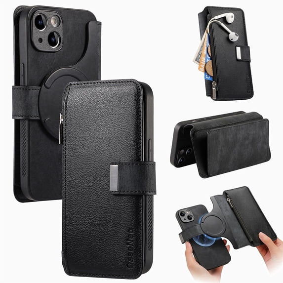 ELEHOLD for iPhone 11 Zipper Wallet Case,Magnetic Detachable RFID Flip Card Slots Stand Function Shockproof Full Protective Leather Case for iPhone 11,Black
