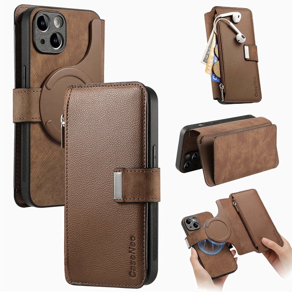 ELEHOLD for iPhone 11 Zipper Wallet Case,Magnetic Detachable RFID Flip Card Slots Stand Function Shockproof Full Protective Leather Case for iPhone 11,Brown