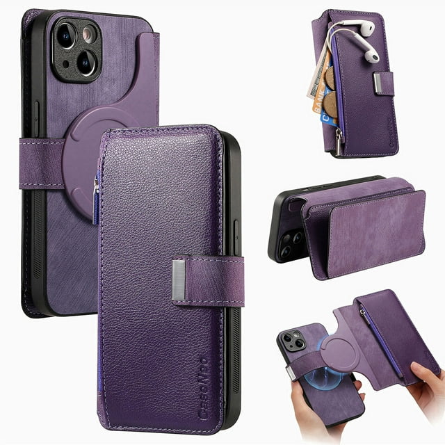 ELEHOLD for iPhone 11 Zipper Wallet Case,Magnetic Detachable RFID Flip Card Slots Stand Function Shockproof Full Protective Leather Case for iPhone 11,Purple