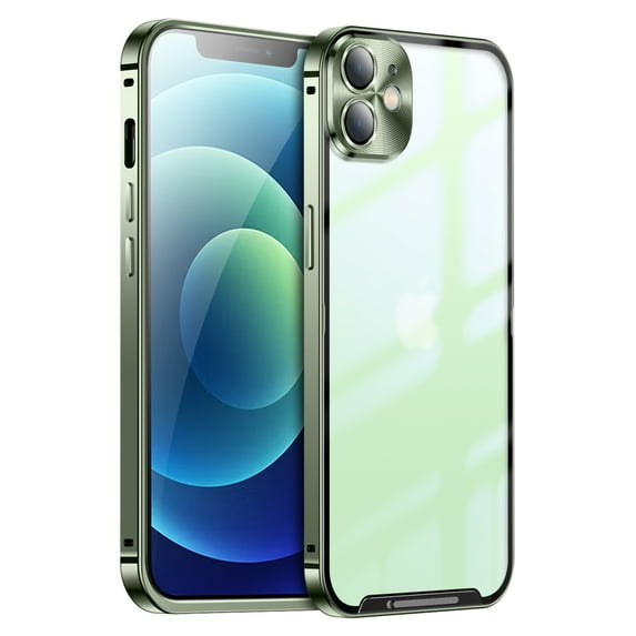 ELEHOLD for iPhone 12 6.1 Inch Case with Buckle Safety Lock, Slim Metal Bumper Frame Matte Clear PC Back Glass Lens Film All-Inclusive Camera Lens Full Protection Case for iPhone 12,Green