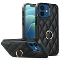 thumbnail image 1 of ELEHOLD for iPhone 12 6.1 inch 2020 Case, Luxury Rhomboid Quilted PU Leather Soft TPU Bumper 360 Degee Rotatable Metal Finger Ring Holder Kickstand Shockproof Case for iPhone 12, Black, 1 of 8