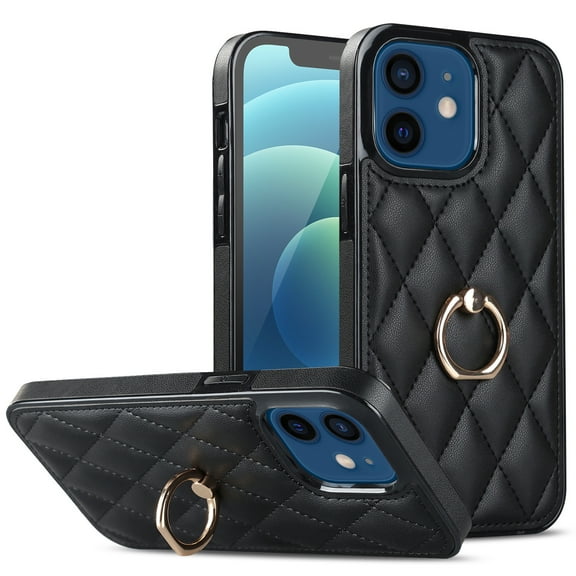 ELEHOLD for iPhone 12 6.1 inch 2020 Case, Luxury Rhomboid Quilted PU Leather Soft TPU Bumper 360 Degee Rotatable Metal Finger Ring Holder Kickstand Shockproof Case for iPhone 12, Black
