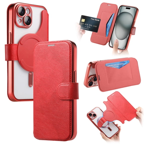 ELEHOLD for iPhone 12 Case,Compatible with Mag Safe Accessories, Luxury Business 2 in 1 Detachable Flip Walle PU Leather Clear Soft TPU Back Folio Case + Lens Protector,Red