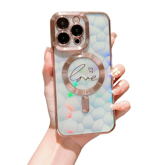 ELEHOLD for iPhone 12 Case Plating Clear Case with Glitter Design Camera Lens Protetive Film Laser Paper Compatible with MagSafe Charging Shockproof Slim Case,rosegold