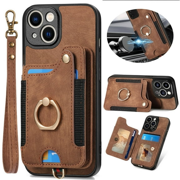 ELEHOLD for iPhone 12 Case with Ring Holder, iPhone 12 Wallet Case with RFID Blocking Card Holder Wristlet Strap, Magnetic Button Flip Folio Kickstand Shockproof Phone Cover,Brown
