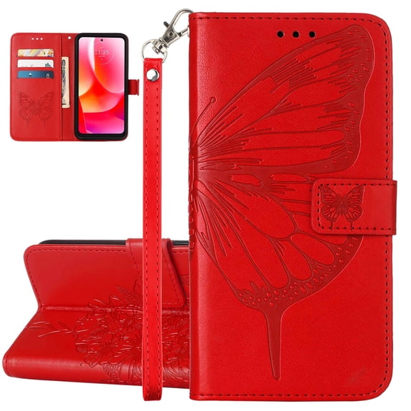 ELEHOLD for iPhone 12 Case Wallet with Wrist Strap, Butterfly Embossed PU Leather Folio Flip Case with Magnetic Closure Credit Card Holder Kickstand,Red