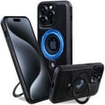 thumbnail image 1 of ELEHOLD for iPhone 12 Magnetic Case Premium PU Leather Logo View Hollow Design Foldable Ring Holder Kickstand Support Mag Safe Charging Shockproof Cover for iPhone 12,Black, 1 of 6