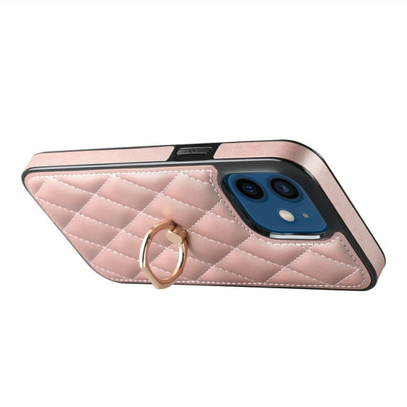 ELEHOLD for iPhone 12 Mini 5.4 inch 2020 Case, Luxury Rhomboid Quilted PU Leather Soft TPU Bumper 360 Degee Rotatable Metal Finger Ring Holder Kickstand Shockproof Case for iPhone 12 Mini, Rosegold