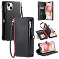 thumbnail image 1 of ELEHOLD for iPhone 12 Mini Case,  Full Body Protection Crossbody Flip Zipper Credit Card Slot Wallet Case Kickstand Shockproof Leather Case with Shoulder Strap and Wrist Strap, Black, 1 of 12