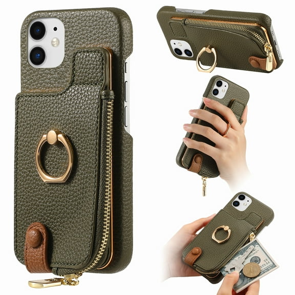 ELEHOLD for iPhone 12 Mini Luxury Leather Wallet Case with Back Flip Card Slots RFID Blocking Zipper Cash Pocket Stand Function Ring Holder Support Magnetic Car Mount Shockproof Case,armygreen