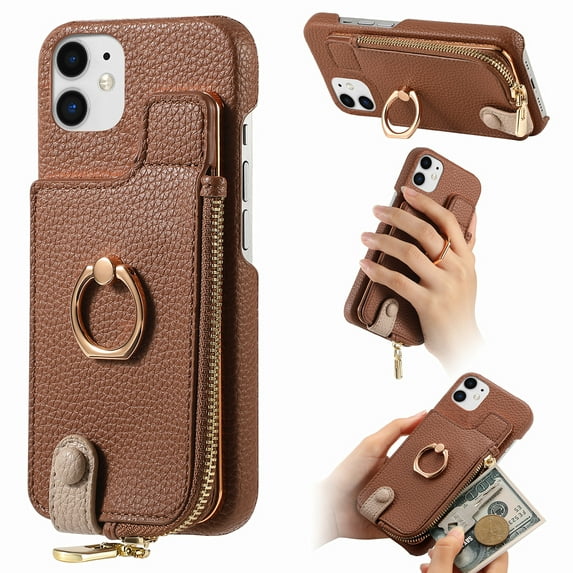 ELEHOLD for iPhone 12 Mini Luxury Leather Wallet Case with Back Flip Card Slots RFID Blocking Zipper Cash Pocket Stand Function Ring Holder Support Magnetic Car Mount Shockproof Case,brown
