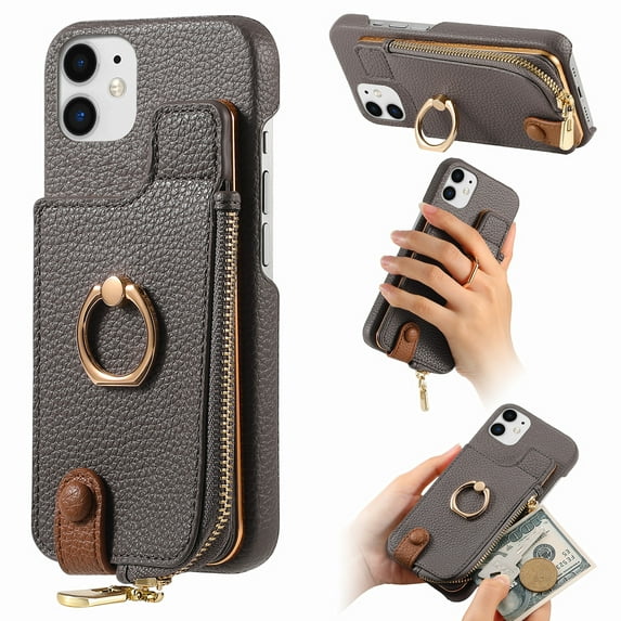 ELEHOLD for iPhone 12 Mini Luxury Leather Wallet Case with Back Flip Card Slots RFID Blocking Zipper Cash Pocket Stand Function Ring Holder Support Magnetic Car Mount Shockproof Case,gray