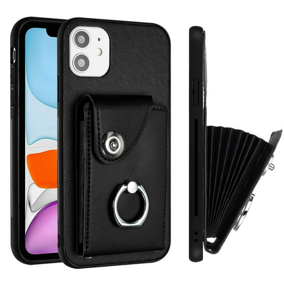 ELEHOLD for iPhone 12 Mini Wallet Case PU Leather Organ Card Slots Holders Magnetic Button Finger Ring Holder Stand Shockproof Full Protective Case,black