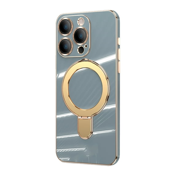 ELEHOLD for iPhone 12 Plating Magnetic Case Slim Thin Shockproof with Metal Ring Holder Folding Kickstand All-Inclusive Lens Protection Mag Safe Compatible Protective Cover,gray