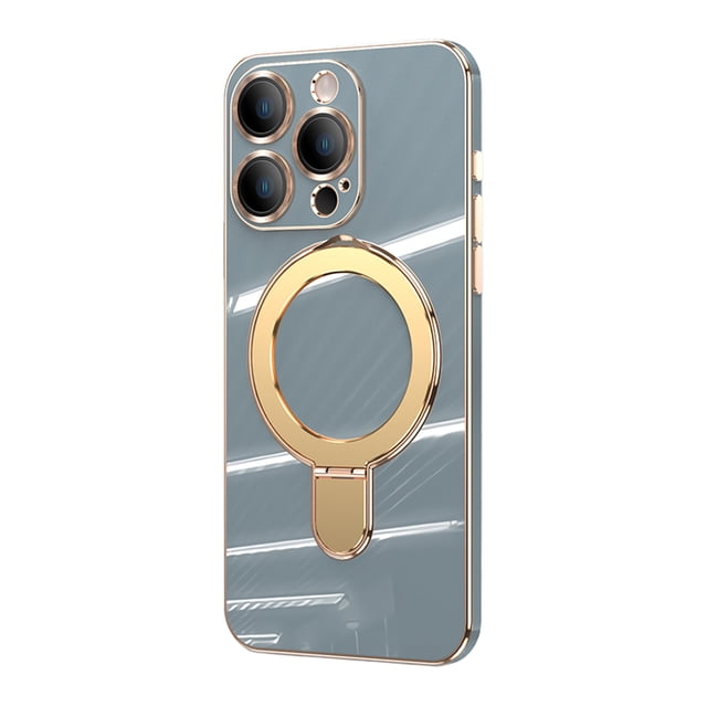 ELEHOLD for iPhone 12 Plating Magnetic Case Slim Thin Shockproof with Metal Ring Holder Folding Kickstand All-Inclusive Lens Protection Mag Safe Compatible Protective Cover,gray
