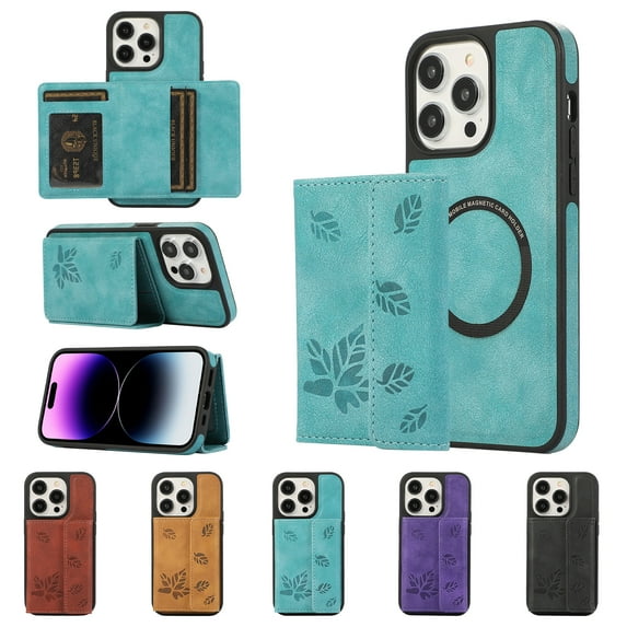 ELEHOLD for iPhone 12 Pro / 12 6.1" Case PU Leather 2-in-1 Multi-Functional with Magnetic Detachable Card Holder Leaf Pattern Drop Protection Shockproof Wallet Case Compatible with Mag Safe,green