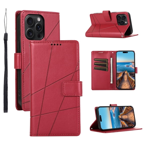 ELEHOLD for iPhone 12 Pro / 12 6.1" Flip Folio Wallet Case with Credit Card Holders Magnetic Clasp Kickstand Function Wrist Lanyard Premium PU Leather Shockproof Protective Cover,red