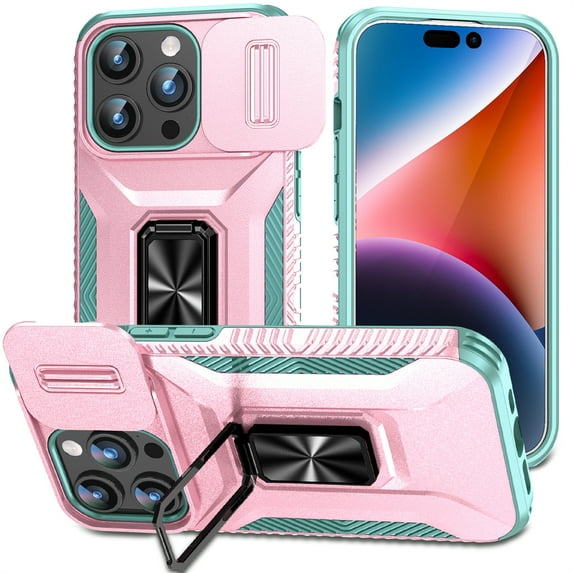 ELEHOLD for iPhone 12 Pro / 12 6.1" Heavy Duty Case Shockproof Anti-Scratch with Built-in Magnetic Rotation Ring Holder Stand Case,Rugged Non-Slip Slide Lens Protector Hard Case Cover, rosegold